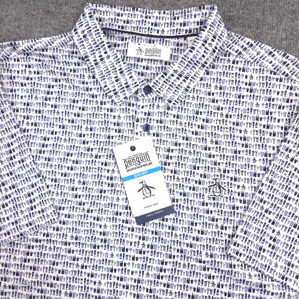 Original Penguin Polo Shirt Mens XXL Blue Cocktail Drinks AOP Performance NEW